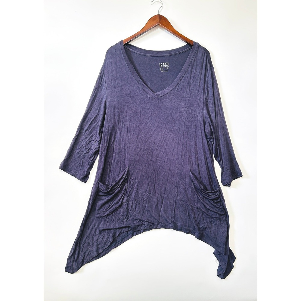LOGO Lori Goldstein V-Neck Tunic Top 1X Gray Relaxed Lagenlook Stretchy Grunge